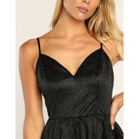 Women's Lulus Black Glitter Skater Mini Dress L - Picture 3 of 9